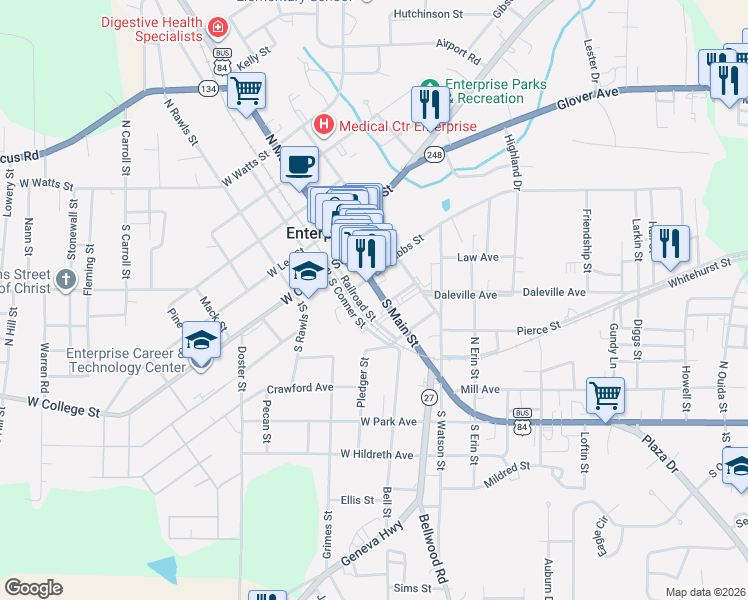 map of restaurants, bars, coffee shops, grocery stores, and more near 800-802 S Main St in Enterprise