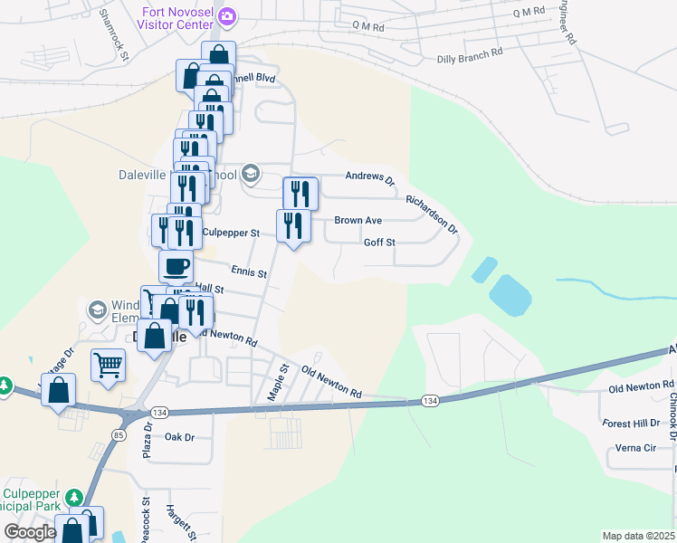 map of restaurants, bars, coffee shops, grocery stores, and more near 12 Dowling Street in Daleville