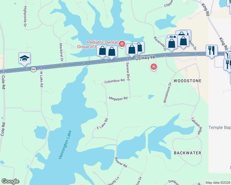 map of restaurants, bars, coffee shops, grocery stores, and more near 14 Magellan Road in Hattiesburg