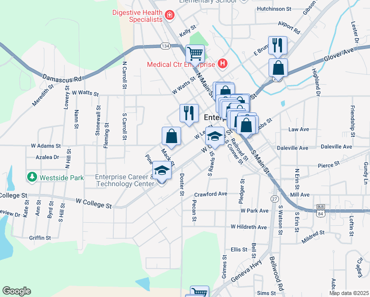 map of restaurants, bars, coffee shops, grocery stores, and more near 401 West Lee Street in Enterprise