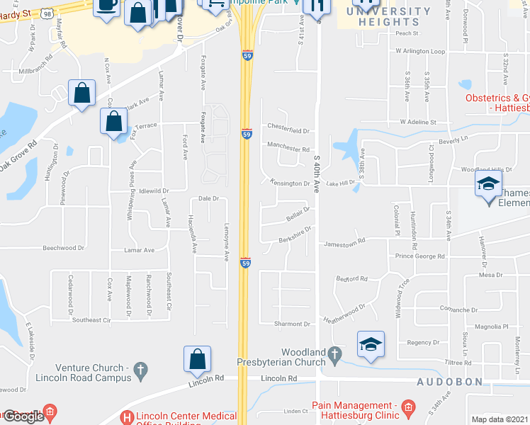 map of restaurants, bars, coffee shops, grocery stores, and more near 706 Berkshire Drive in Hattiesburg