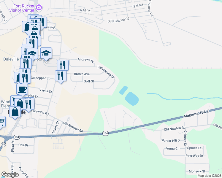 map of restaurants, bars, coffee shops, grocery stores, and more near 28 Richardson Dr in Daleville