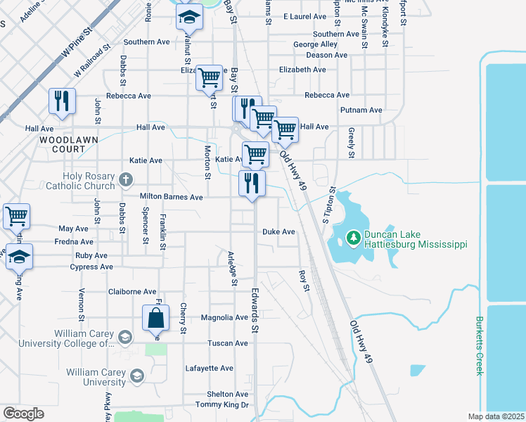 map of restaurants, bars, coffee shops, grocery stores, and more near 916 Edwards St in Hattiesburg