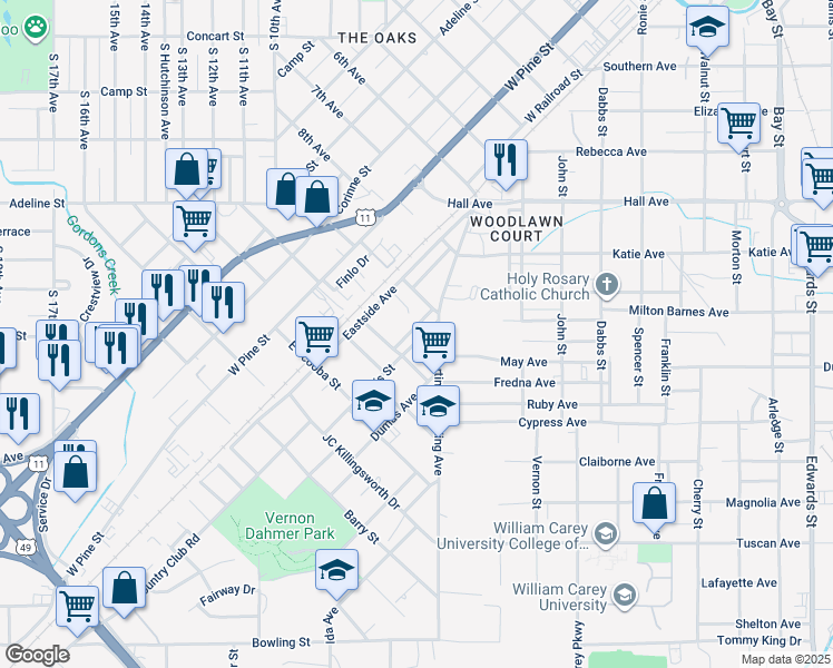 map of restaurants, bars, coffee shops, grocery stores, and more near 108 Townsend Street in Hattiesburg
