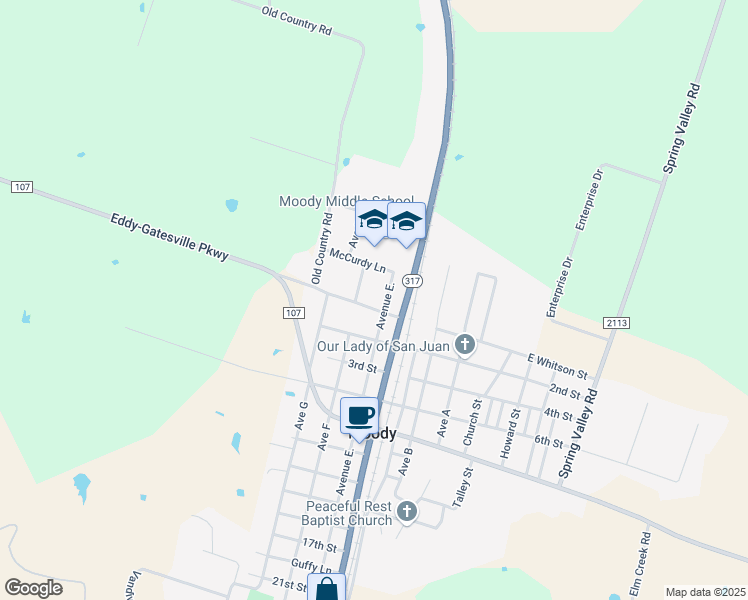 map of restaurants, bars, coffee shops, grocery stores, and more near 103 1st Street in Moody