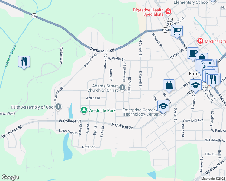 map of restaurants, bars, coffee shops, grocery stores, and more near 405 Warren Road in Enterprise
