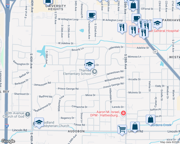 map of restaurants, bars, coffee shops, grocery stores, and more near 2900 Jamestown Road in Hattiesburg