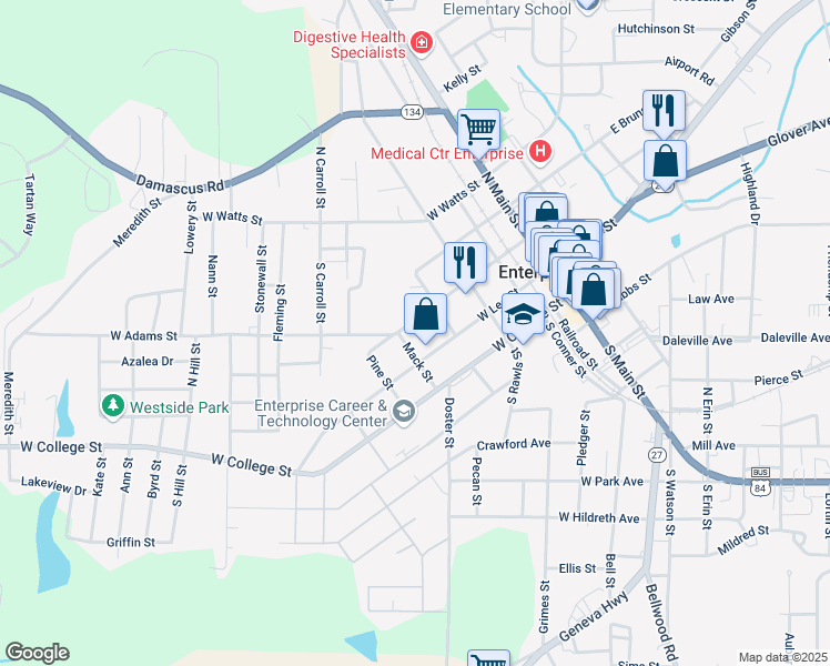 map of restaurants, bars, coffee shops, grocery stores, and more near 200 Mack Street in Enterprise