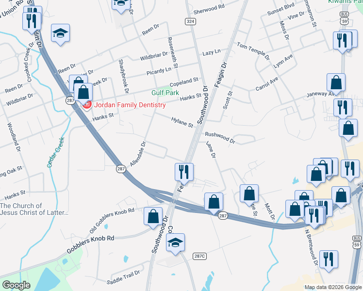 map of restaurants, bars, coffee shops, grocery stores, and more near 1702 Southwood Drive in Lufkin