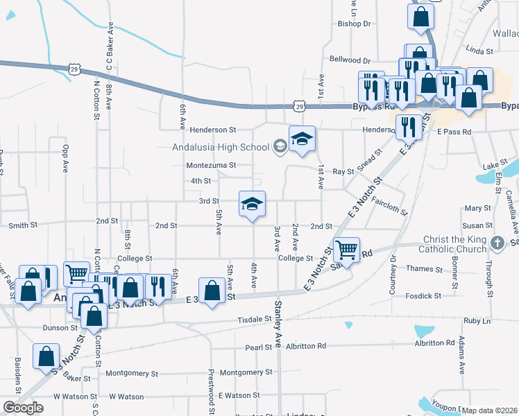 map of restaurants, bars, coffee shops, grocery stores, and more near 601 2nd Street in Andalusia