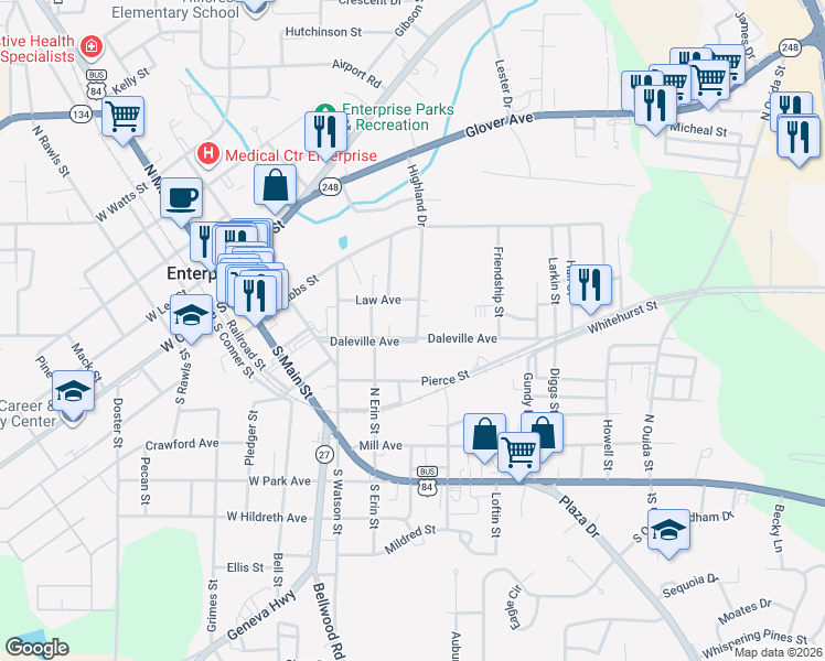 map of restaurants, bars, coffee shops, grocery stores, and more near 104 Highland Drive in Enterprise