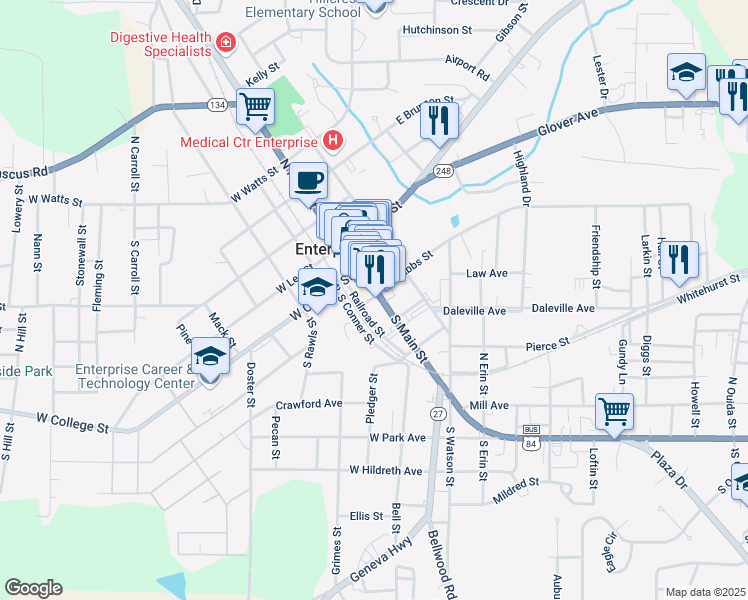 map of restaurants, bars, coffee shops, grocery stores, and more near 115 South Main Street in Enterprise