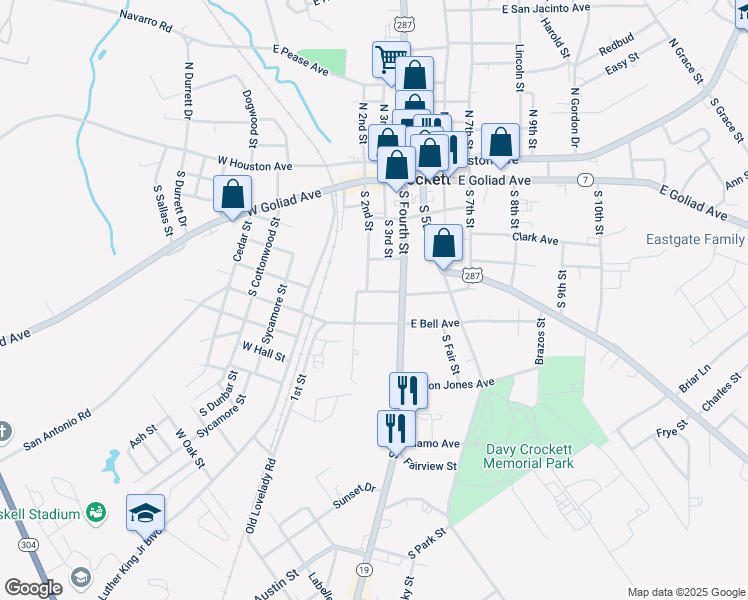 map of restaurants, bars, coffee shops, grocery stores, and more near 407 South 4th Street in Crockett