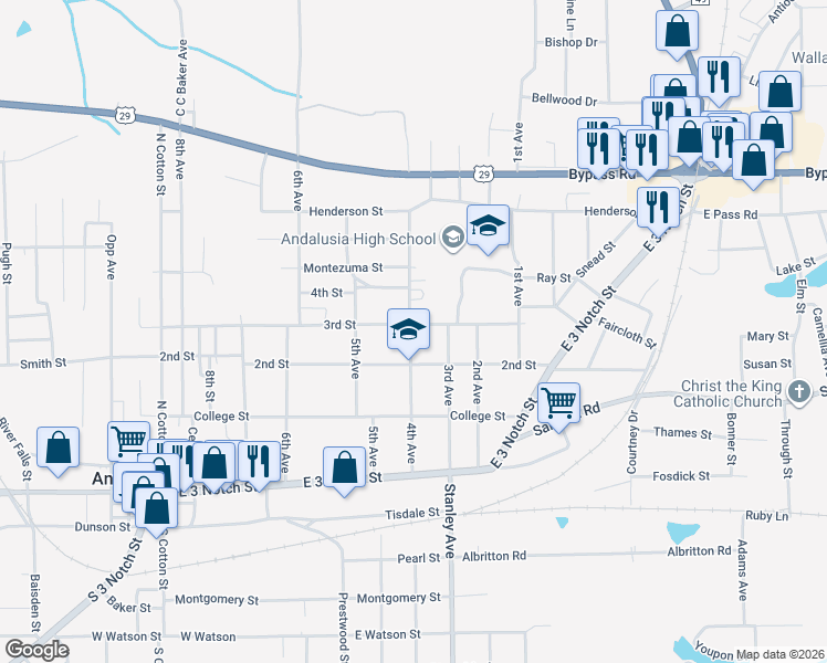 map of restaurants, bars, coffee shops, grocery stores, and more near 600 3rd Street in Andalusia
