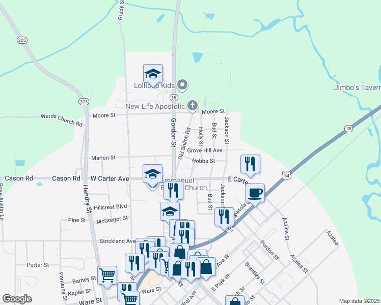 map of restaurants, bars, coffee shops, grocery stores, and more near 123 Grove Hill Avenue in Blackshear