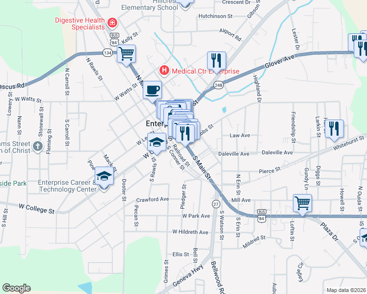 map of restaurants, bars, coffee shops, grocery stores, and more near 115 South Main Street in Enterprise