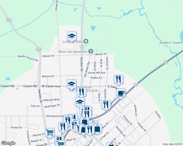 map of restaurants, bars, coffee shops, grocery stores, and more near 123 Grove Hill Avenue in Blackshear