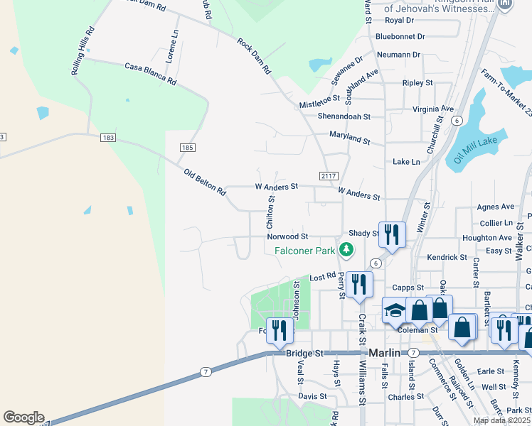map of restaurants, bars, coffee shops, grocery stores, and more near 734 Chilton Street in Marlin