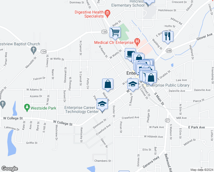 map of restaurants, bars, coffee shops, grocery stores, and more near 407 West Adams Street in Enterprise