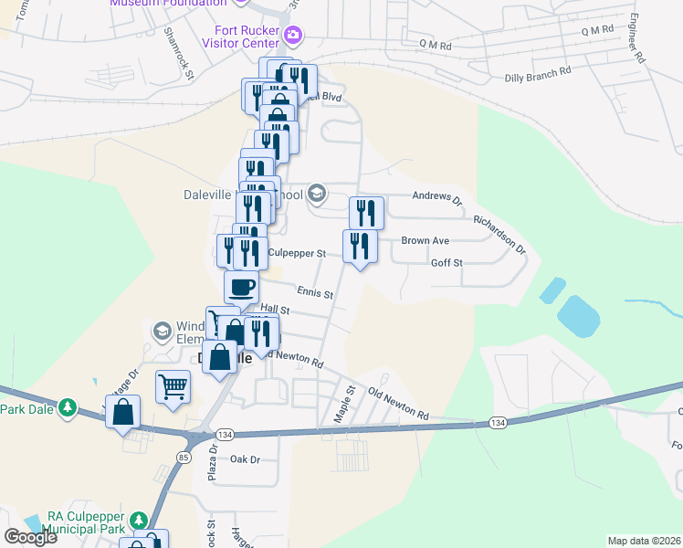 map of restaurants, bars, coffee shops, grocery stores, and more near 230 Donnell Boulevard in Daleville