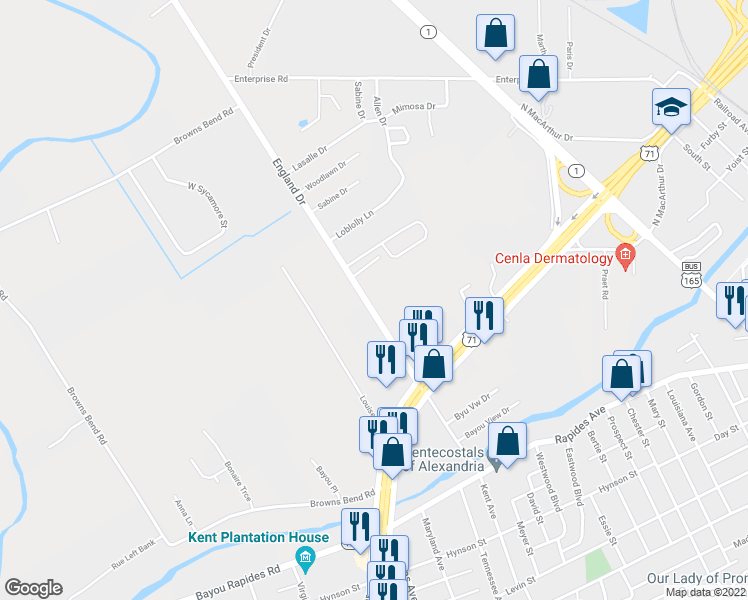 map of restaurants, bars, coffee shops, grocery stores, and more near 1420 England Drive in Alexandria