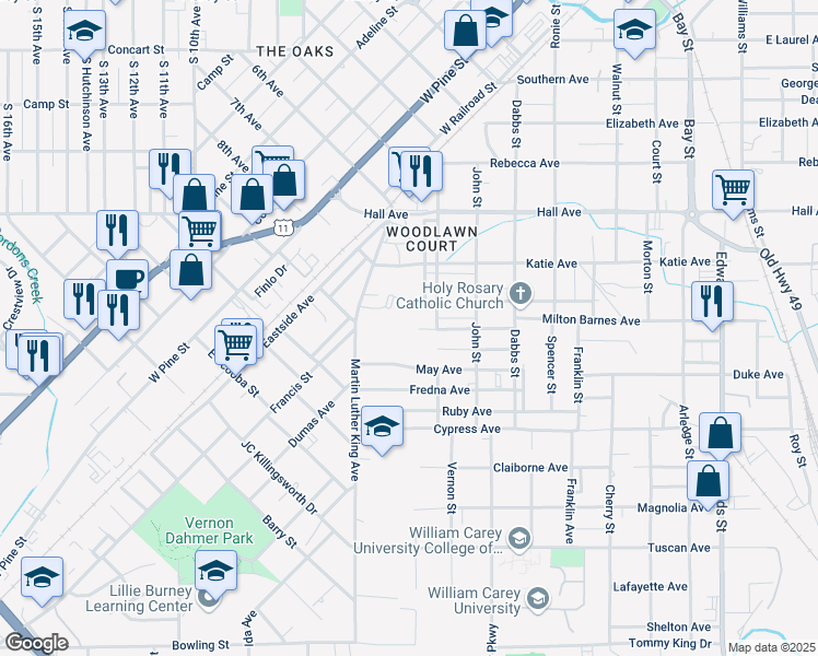 map of restaurants, bars, coffee shops, grocery stores, and more near 93 Rosa Avenue in Hattiesburg