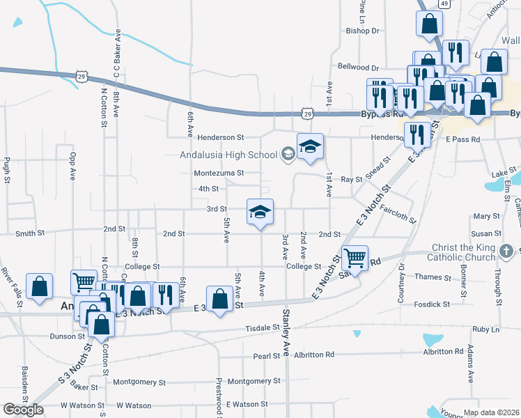 map of restaurants, bars, coffee shops, grocery stores, and more near 515 3rd St in Andalusia