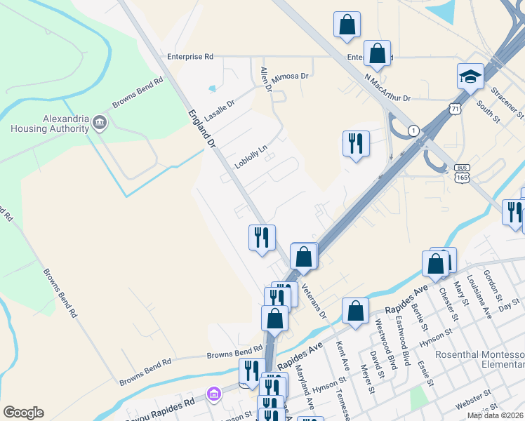 map of restaurants, bars, coffee shops, grocery stores, and more near 1420 England Drive in Alexandria