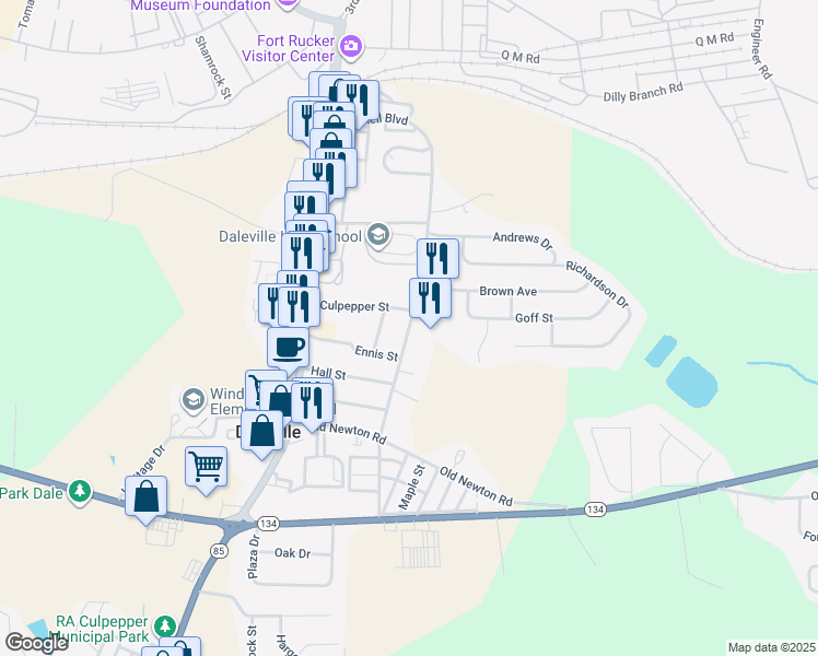 map of restaurants, bars, coffee shops, grocery stores, and more near Donnell Boulevard in Daleville