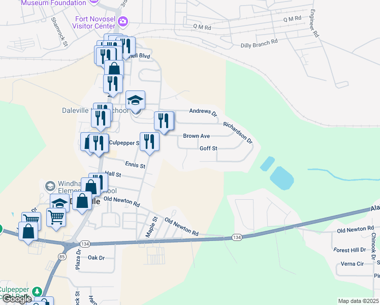 map of restaurants, bars, coffee shops, grocery stores, and more near 8 Goff St in Daleville