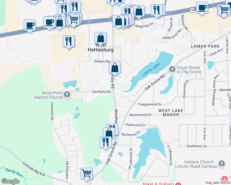 map of restaurants, bars, coffee shops, grocery stores, and more near 125 Summit Ridge in Hattiesburg
