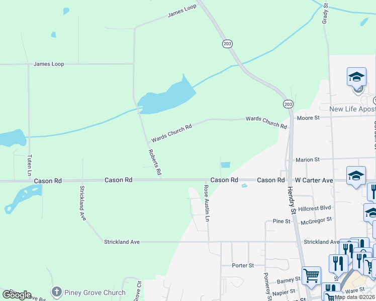 map of restaurants, bars, coffee shops, grocery stores, and more near 5096 Roberts Road in Blackshear