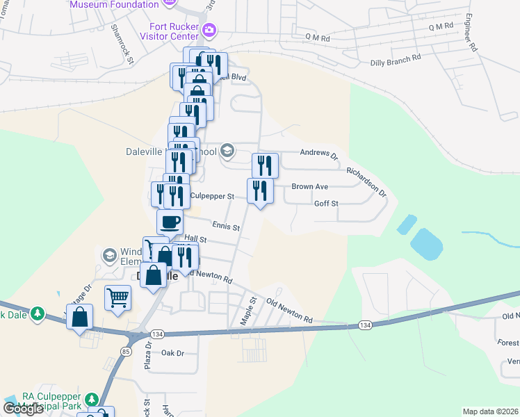 map of restaurants, bars, coffee shops, grocery stores, and more near 230 Donnell Boulevard in Daleville