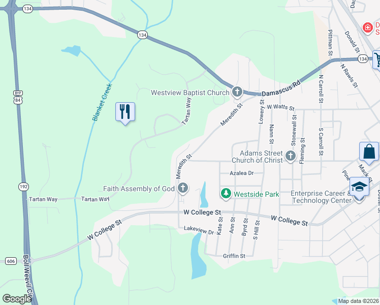 map of restaurants, bars, coffee shops, grocery stores, and more near 306 Meredith Street in Enterprise