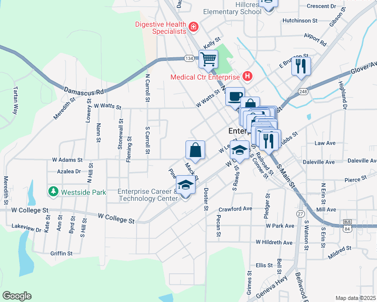 map of restaurants, bars, coffee shops, grocery stores, and more near 408 West Adams Street in Enterprise