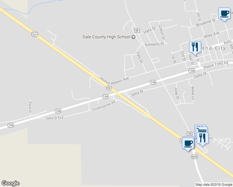 map of restaurants, bars, coffee shops, grocery stores, and more near Highway 53 in Midland City