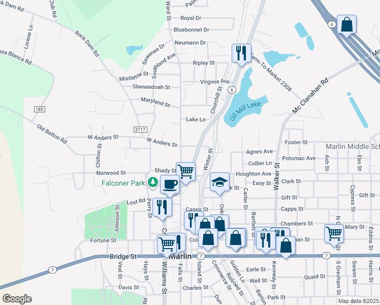 map of restaurants, bars, coffee shops, grocery stores, and more near 729 North State Highway 6 in Marlin