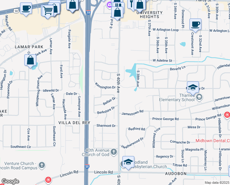 map of restaurants, bars, coffee shops, grocery stores, and more near 104 Kensington Dr in Hattiesburg