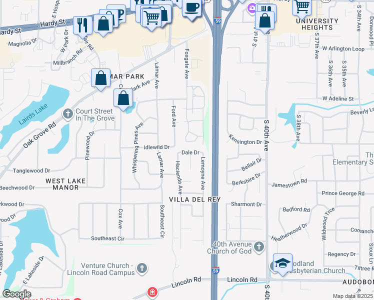 map of restaurants, bars, coffee shops, grocery stores, and more near 110 Dale Drive in Hattiesburg