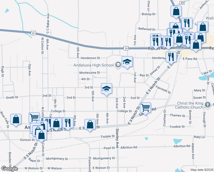 map of restaurants, bars, coffee shops, grocery stores, and more near 600-606 3rd Street in Andalusia