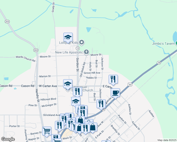map of restaurants, bars, coffee shops, grocery stores, and more near 123 Grove Hill Avenue in Blackshear