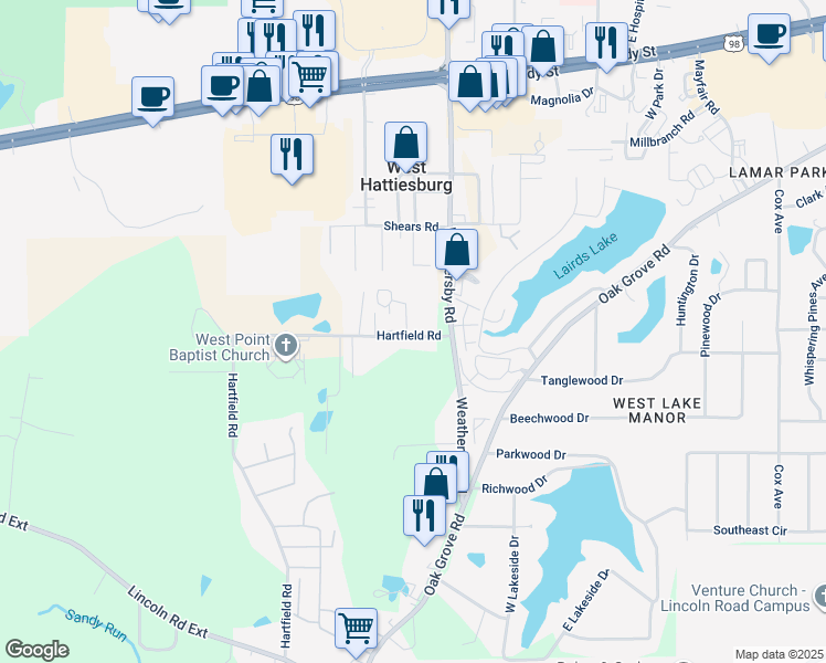 map of restaurants, bars, coffee shops, grocery stores, and more near 16 Hartfield Road in Hattiesburg