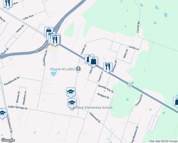map of restaurants, bars, coffee shops, grocery stores, and more near 111 Alta Street in Lufkin