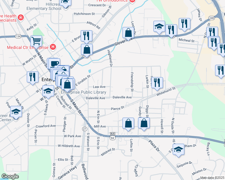 map of restaurants, bars, coffee shops, grocery stores, and more near 104 Highland Drive in Enterprise