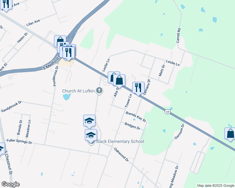 map of restaurants, bars, coffee shops, grocery stores, and more near 111 Alta Street in Lufkin