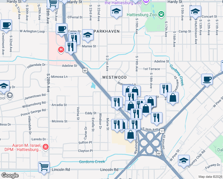 map of restaurants, bars, coffee shops, grocery stores, and more near 2003 Fuller Street in Hattiesburg