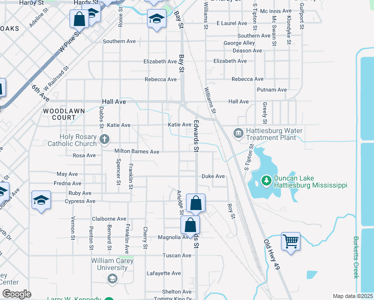 map of restaurants, bars, coffee shops, grocery stores, and more near 706 Milton Barnes Avenue in Hattiesburg