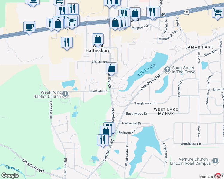 map of restaurants, bars, coffee shops, grocery stores, and more near 125 Summit Ridge in Hattiesburg