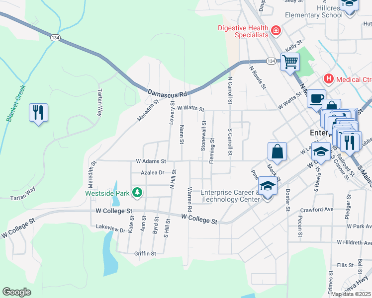 map of restaurants, bars, coffee shops, grocery stores, and more near 106 Nann Street in Enterprise