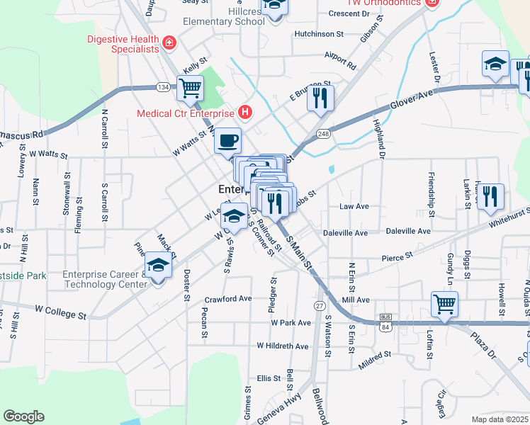map of restaurants, bars, coffee shops, grocery stores, and more near 115 South Main Street in Enterprise